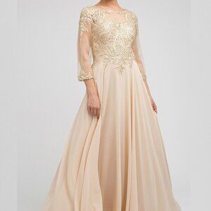 CHAMPAGNE NEW Lace Bodice Illusion Long Sleeve Dress JTM12